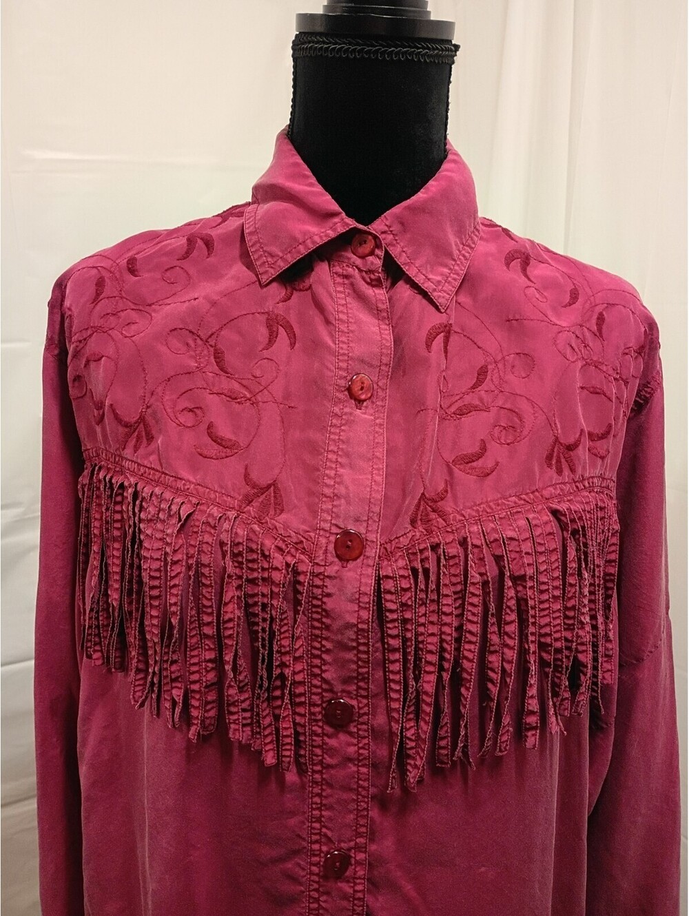 Vintage Y2K 100% Women's Silk Shirt Maroon Cowgirl Fringe Embroidered